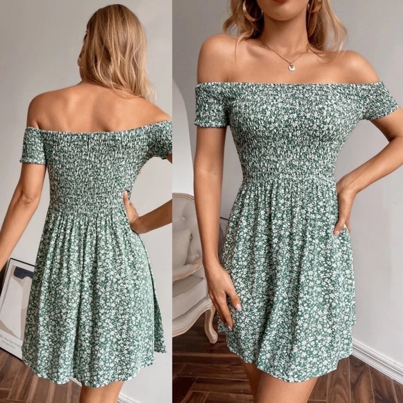 Shirred off the shoulder floral print dress boho gypsy blue - Picture 3 of 8